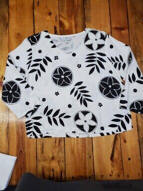 Hot Cotton by Marc Ware 100% Linen Black White Botanical Print Top 3/4 Sleeve Sm